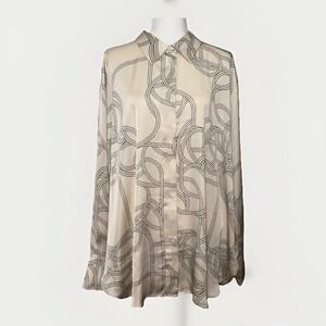 H&M Satin Blouse XXL Beige Black Abstract Line Print L/S Oversized Long NWT